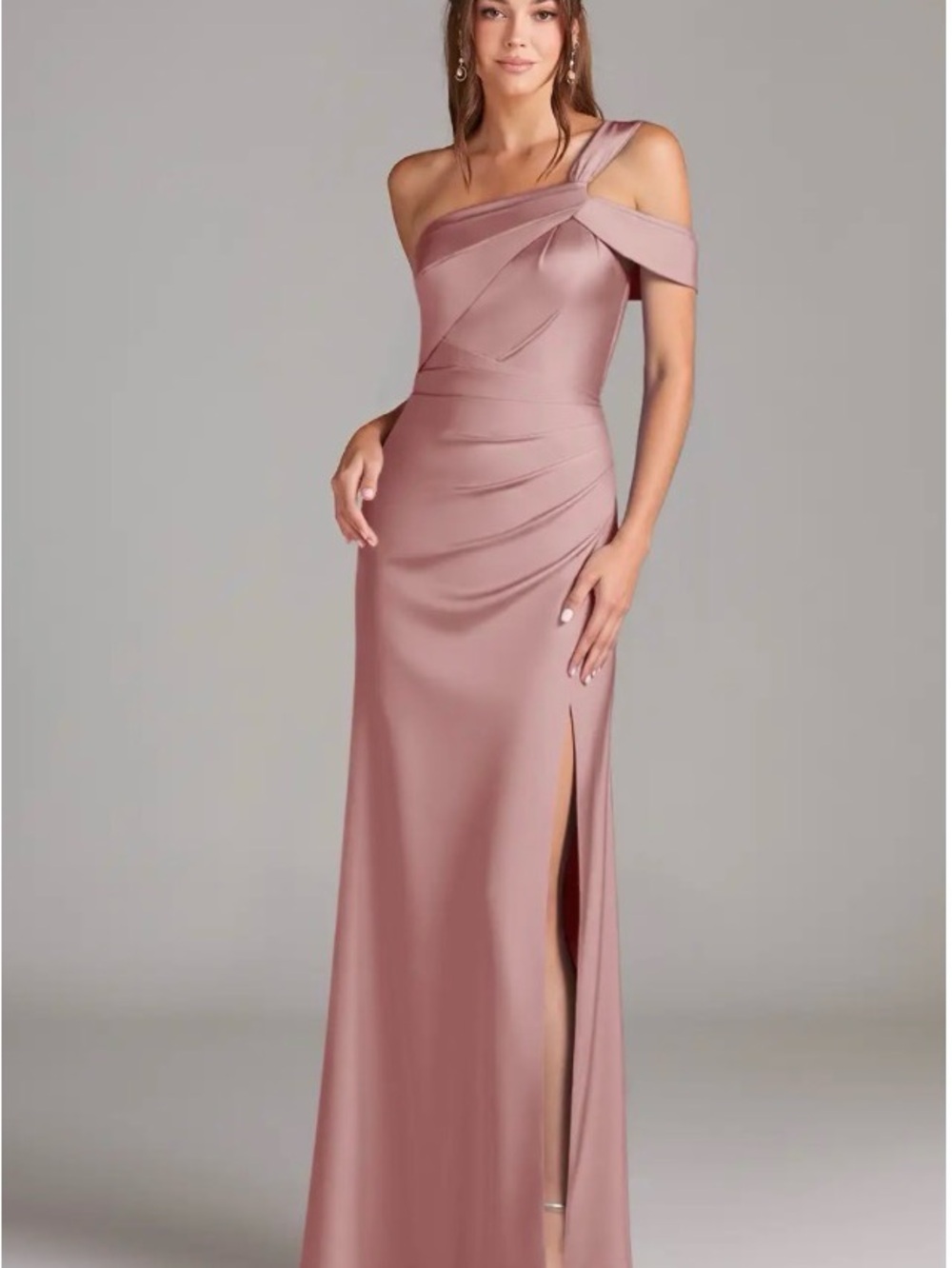 NWT Azazie Wynter Stretch Dusty Rose Sheath One Shoulder Stretch Satin Dress